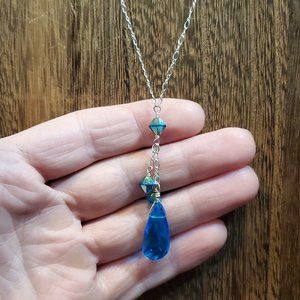 20 Inch 925 Sterling Silver Tassel Style Blue Crystal Necklace